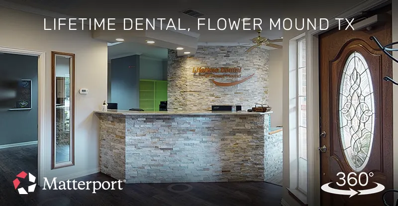 Matterport 3D virtual tour of a dental office reception area, created by ShutterSpin. Virtual walkthroughs let potential patients explore the practice online, helping them feel comfortable and confident before their first visit.