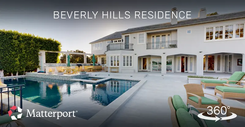 Matterport 3D virtual tour of a 10,000 square foot multimillion-dollar Beverly Hills estate with pool and expansive outdoor lounge, created by ShutterSpin. Virtual tours let luxury buyers explore properties online before private showings.