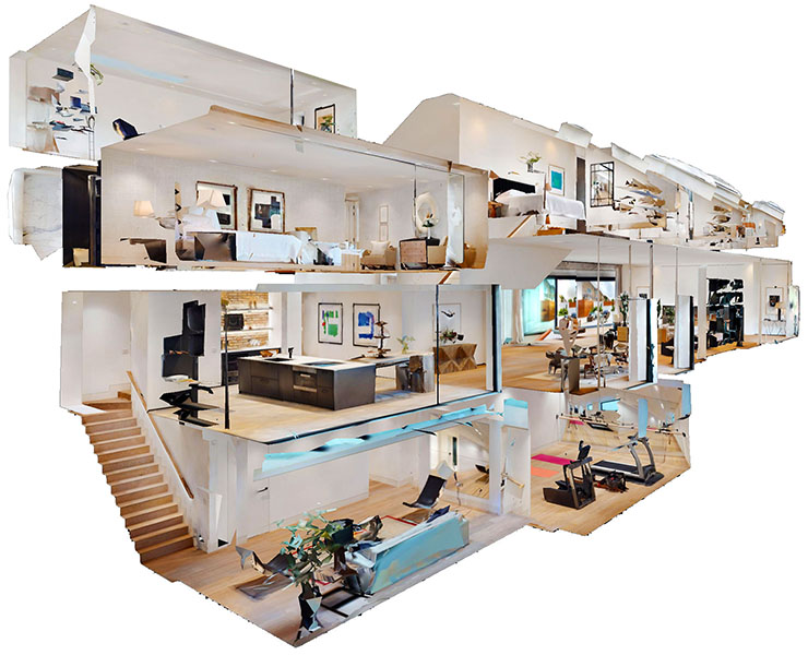 Matterport dollhouse view of a multi-level home, showcasing the entire layout in 3D. ShutterSpin provides immersive virtual tours with dollhouse perspectives for real estate and builders.