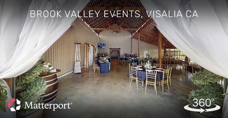 Matterport 3D virtual tour of a rustic barn wedding venue with elegant reception setup, created by ShutterSpin. Virtual walkthroughs allow couples to explore country venues online before booking their wedding day.